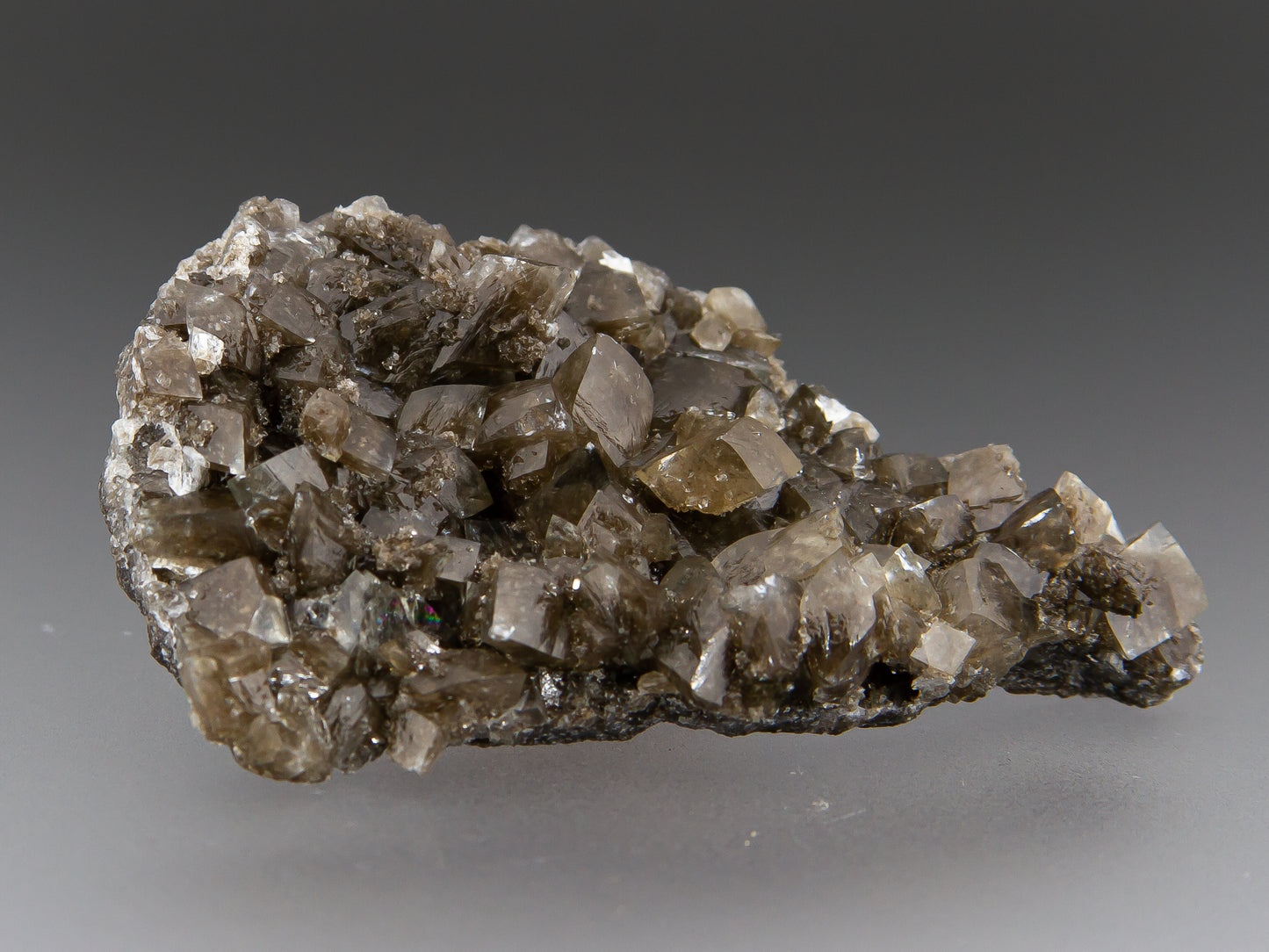 Brown calcite crystals on matrix. Rhombohedral form with waxy luster.